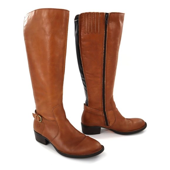 Born Shoes - Born Womens Helen Riding Boots Size 7 Tan and Black Knee High Buckle Detail